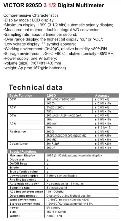 مولتی متر دیجیتال ویکتور مدل VICTOR 9205D عصرتولز