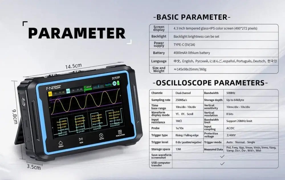 اسیلوسکوپ دو کاناله تبلتی مدل FNIRSI 2C53P